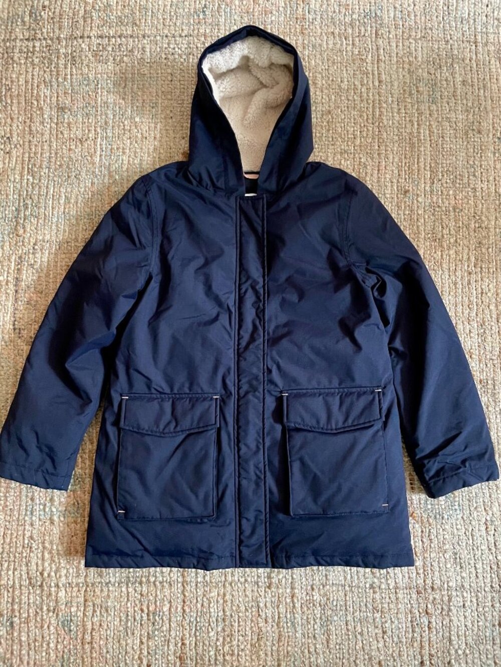Boden Kids Navy Sherpa-Lined Parka Winter Jacket Mustard Star Quilted Size 11-12